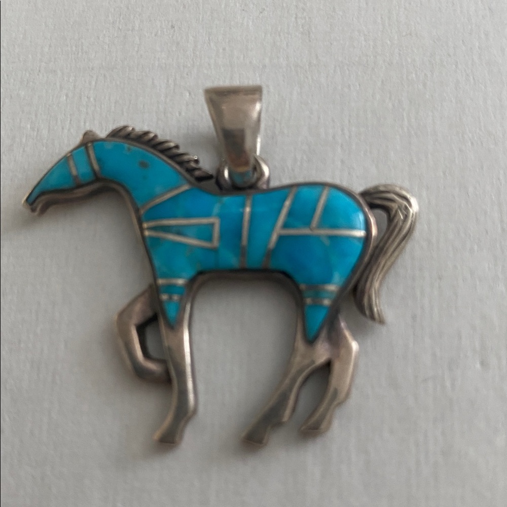 🐴 REASONABLE OFFERS : Vintage Turquoise and Sterling Silver Horse Pendant